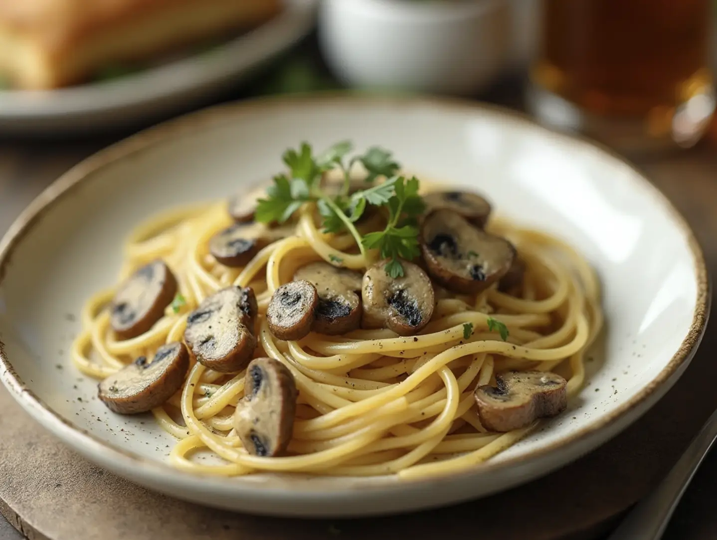 Rich, creamy garlic mushroom sauce over tender pasta.